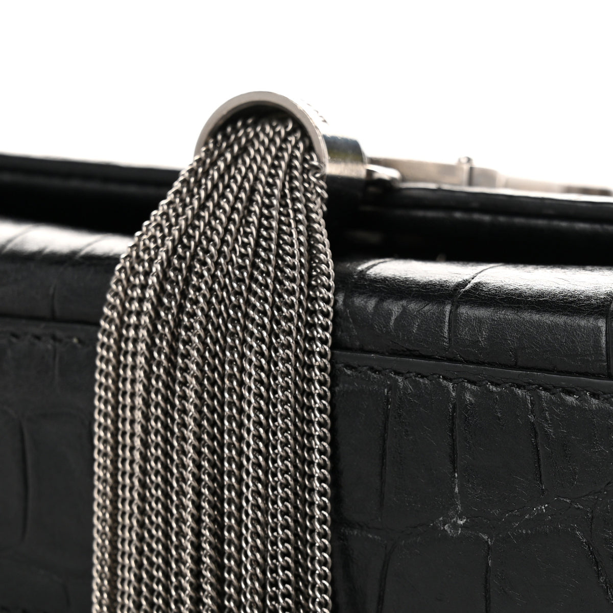 Calfskin Crocodile Embossed Medium Classic Monogram Kate Tassel Satchel Black
