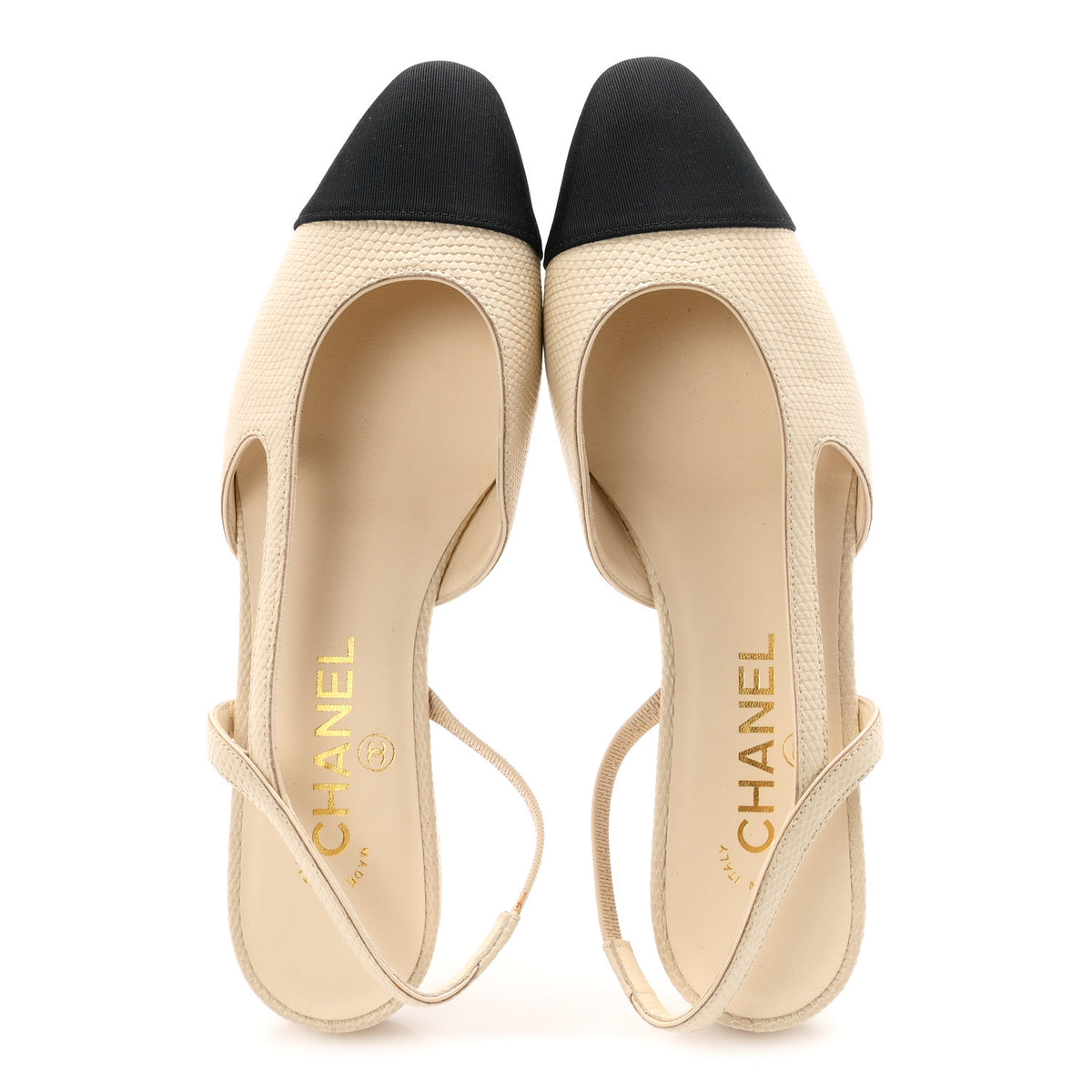 Lizard Grosgrain Cap Toe CC Slingback Flat 37.5 Ivory Black