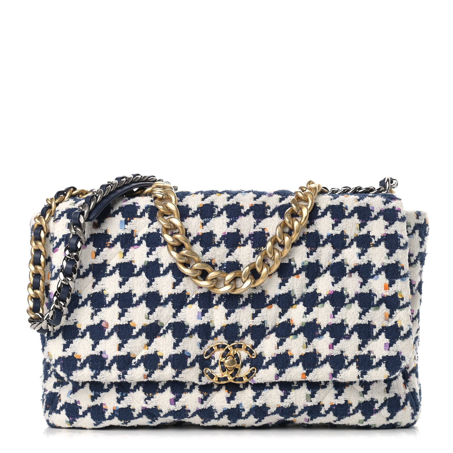 Chanel Tweed Quilted Maxi Chanel 19 Flap Ecru Navy Blue Multicolor 1 of 9