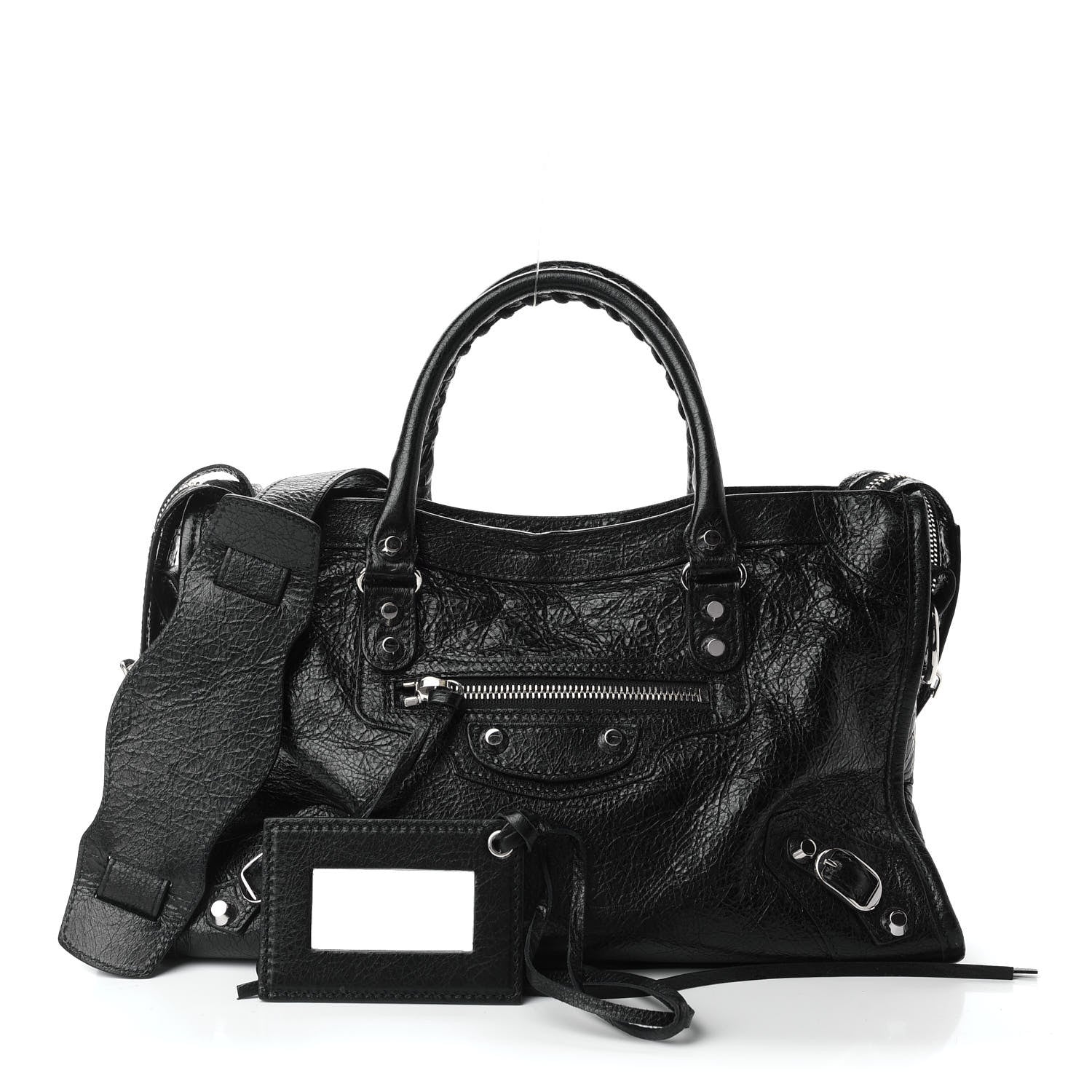 Balenciaga Agneau Classic Silver Hardware S City Logo Strap Black White 1 of 8