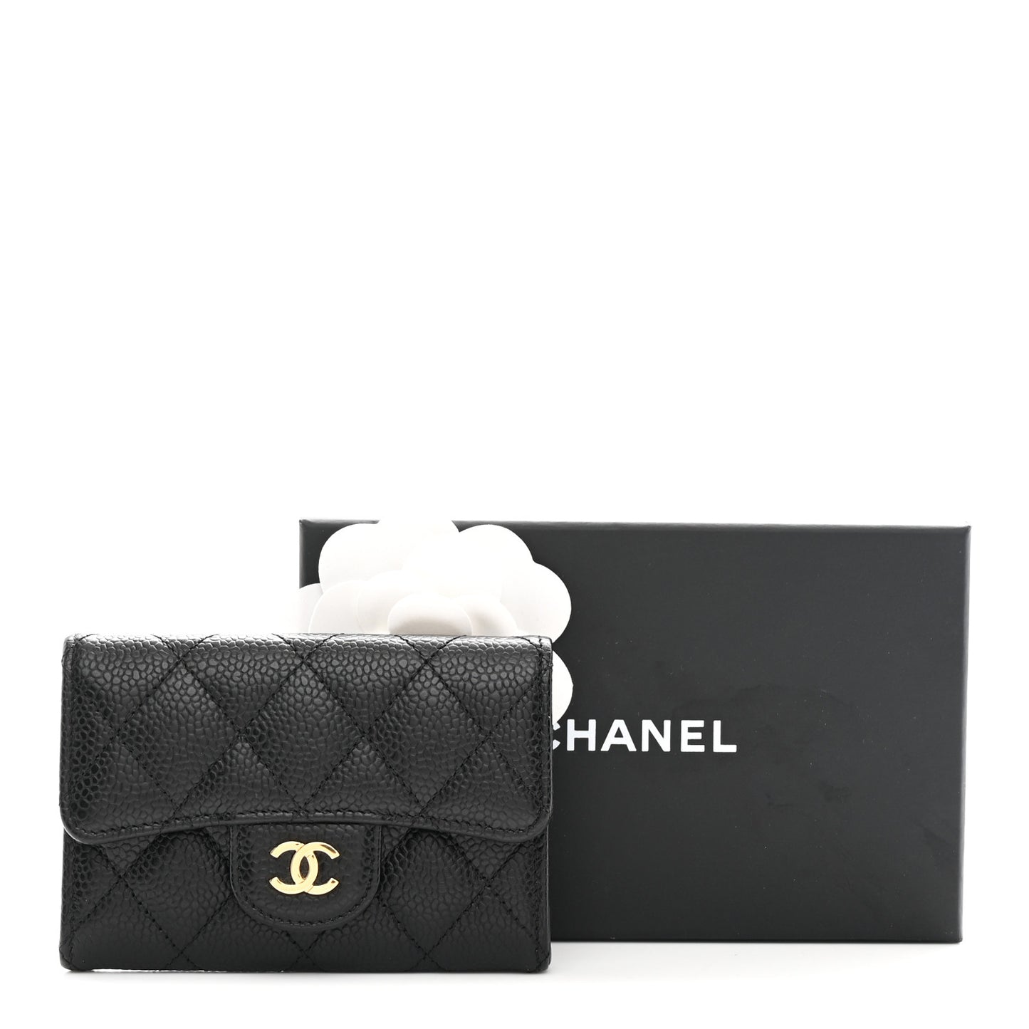 Caviar Quilted Flap Card Holder Wallet Black