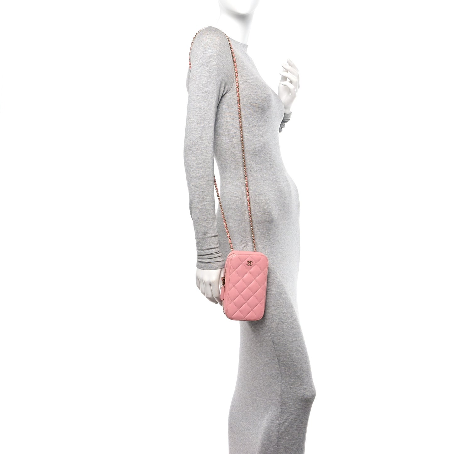 Lambskin Quilted Phone Holder Wallet On Chain WOC Light Pink