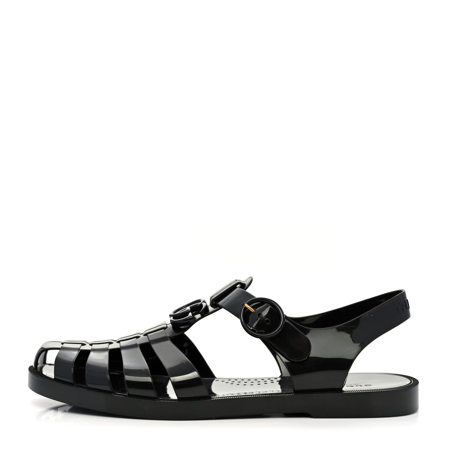 Gucci Shiny Rubber Mens Double G Buckle Strap Sandals 10 Black 1 of 8