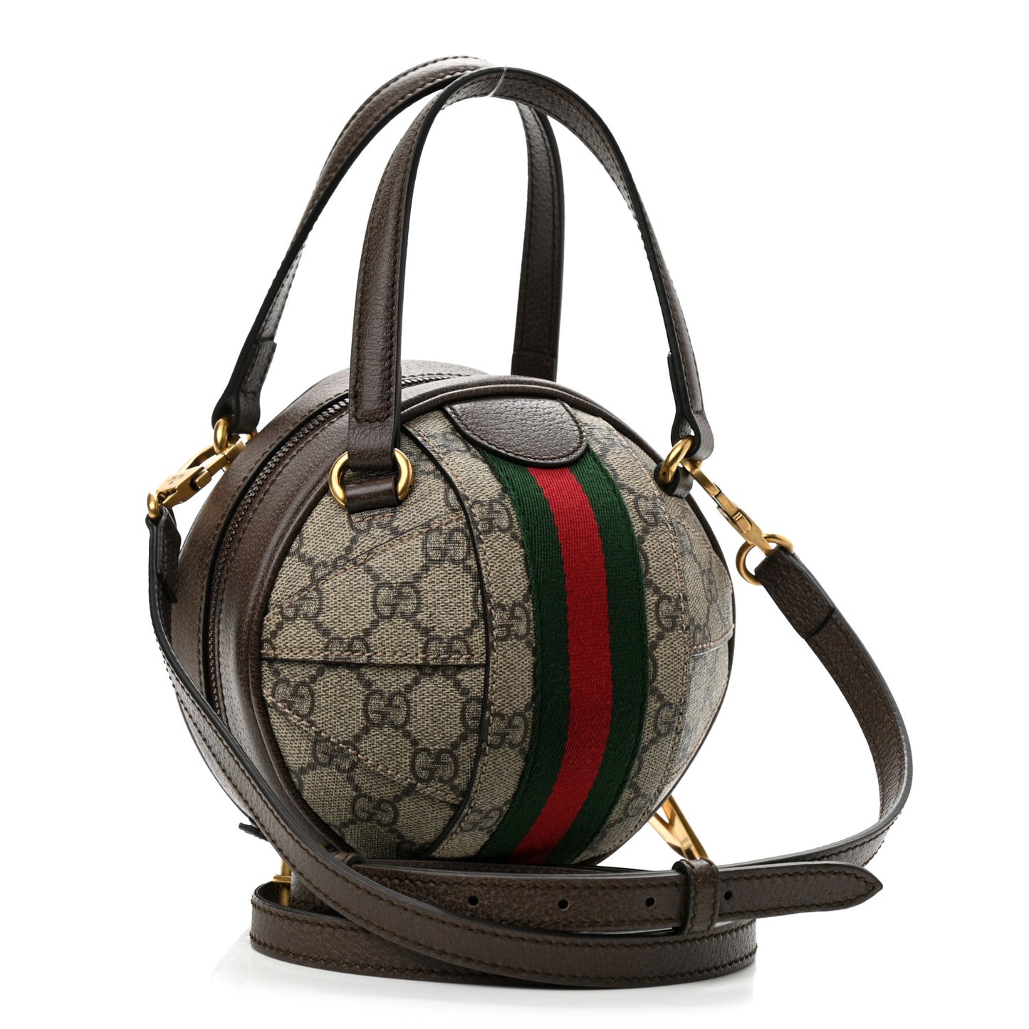 GG Supreme Monogram Textured Dollar Calfskin Web Mini Ophidia Basketball Shaped Shoulder Bag Beige Ebony New Acero