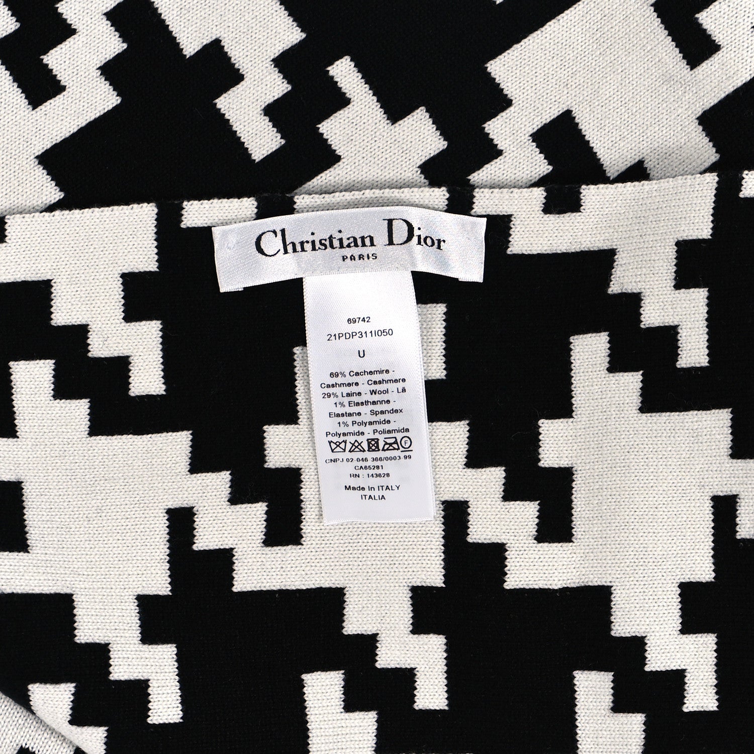Christian Dior Cashmere Wool Houndstooth Fringe Scarf White Black 3 of 3