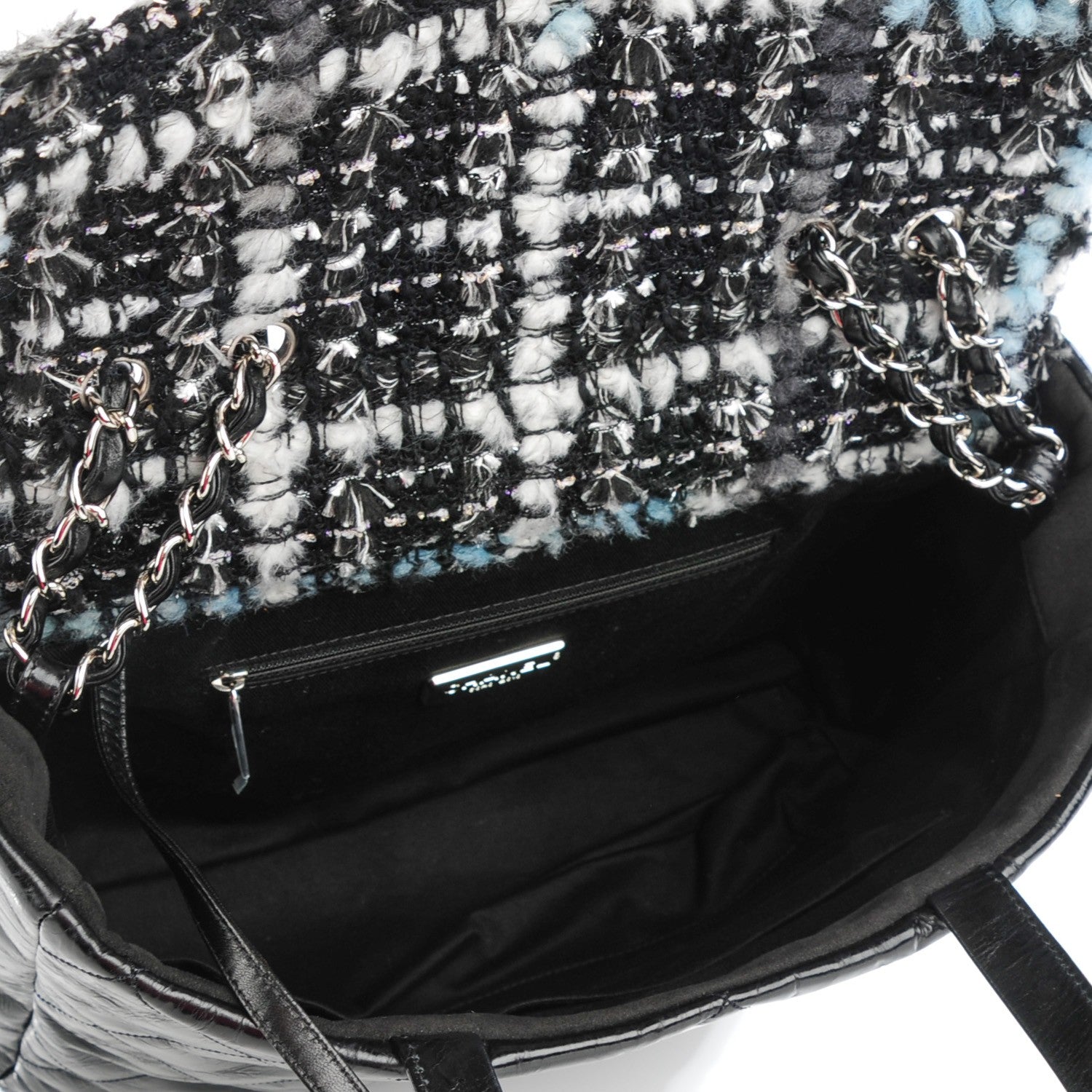 Chanel Glazed Calfskin Quilted Tweed Portobello Tote Black Blue 5 of 7
