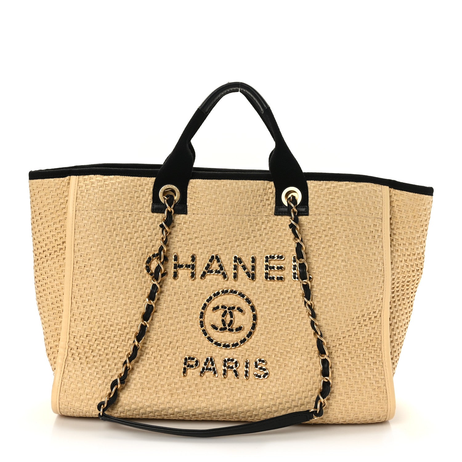 Chanel Straw Raffia Calfskin Chain Medium Deauville Tote Beige Black 1 of 9