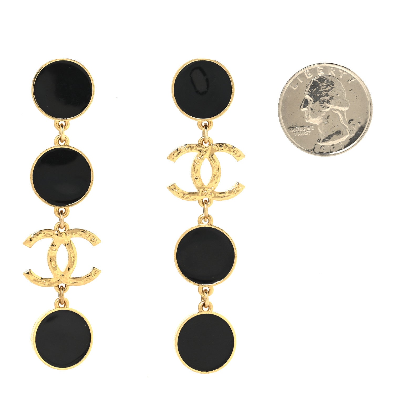 Chanel Metal Resin Disc CC Long Drop Earrings Gold Black 2 of 4