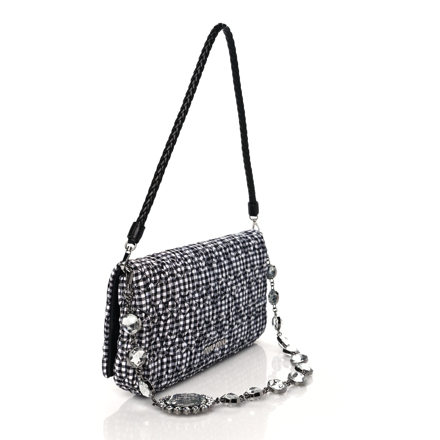Miu Miu Nappa Matelasse Crystal Flap Clutch Black White 3 of 9