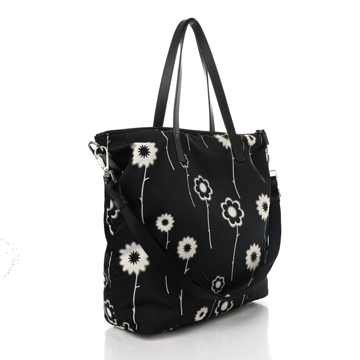 Tessuto Stampato Nylon Saffiano Floral Print Tote Black White