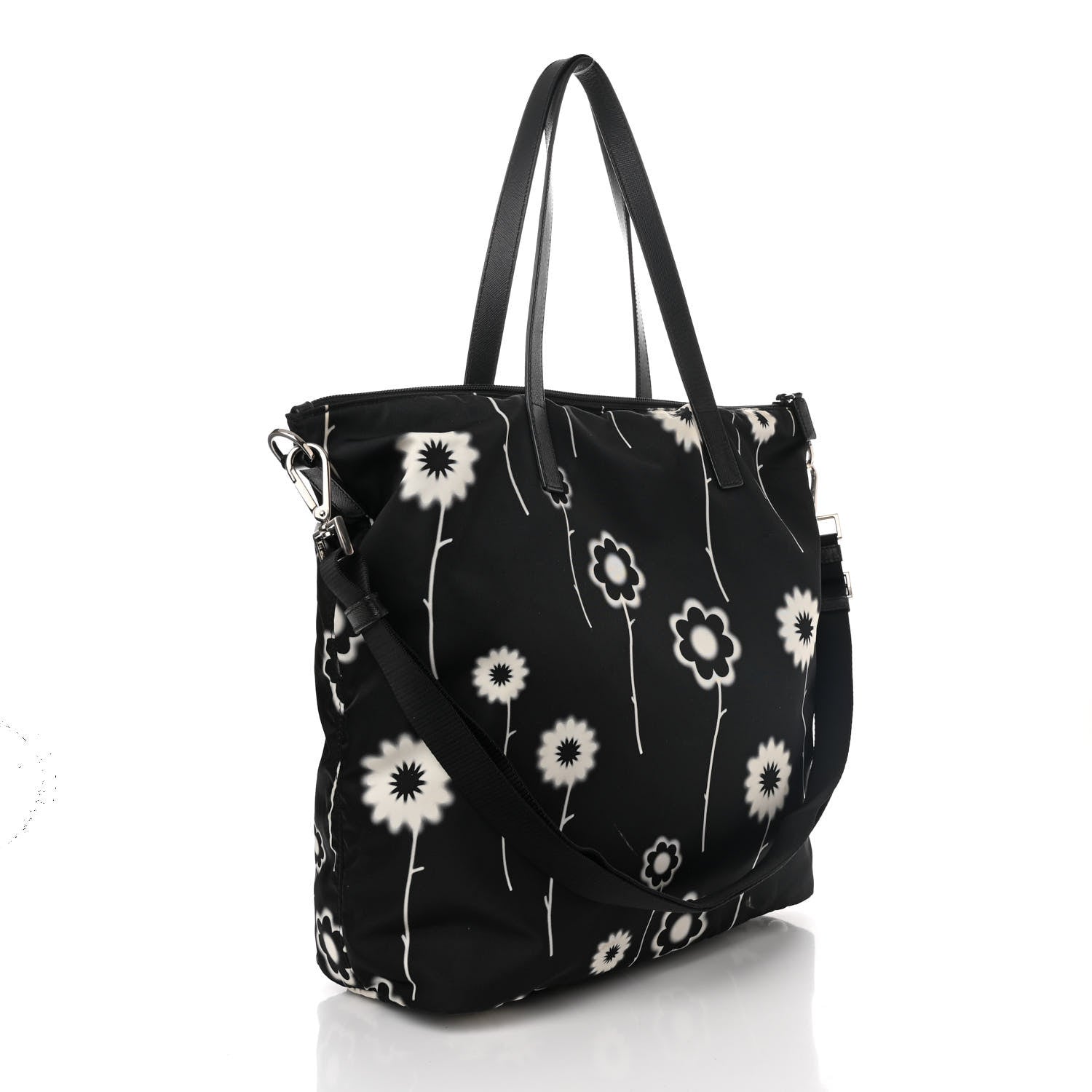 Prada Tessuto Stampato Nylon Saffiano Floral Print Tote Black White 3 of 12