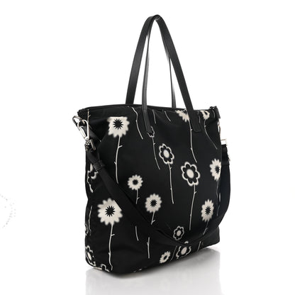 Prada Tessuto Stampato Nylon Saffiano Floral Print Tote Black White 3 of 12