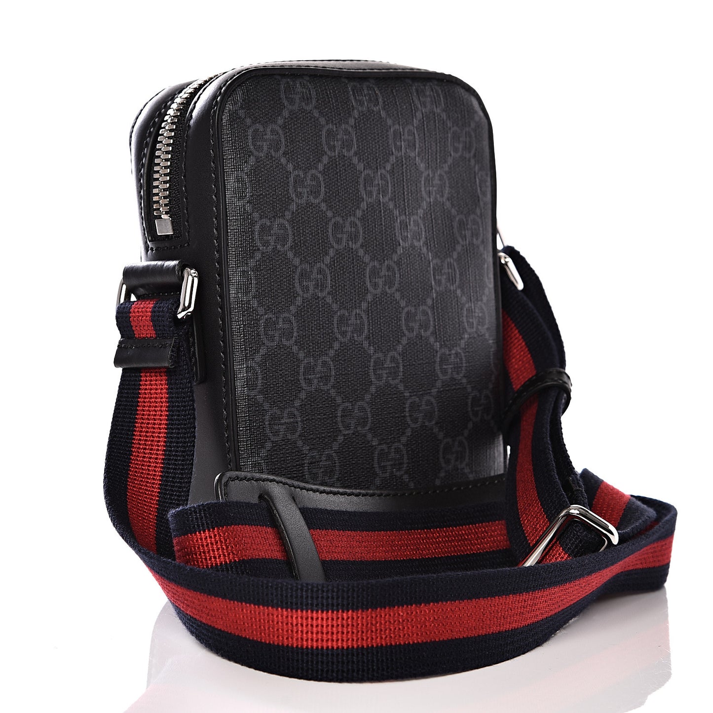 GG Supreme Monogram Appia Calfskin Web Small Camera Messenger Bag Black Grey