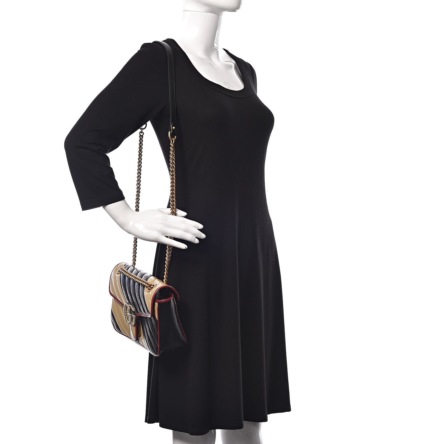 Gucci Vintage Effect Calfskin Matelasse Diagonal Striped Small Torchon GG Marmont Shoulder Bag Black Beige 2 of 9
