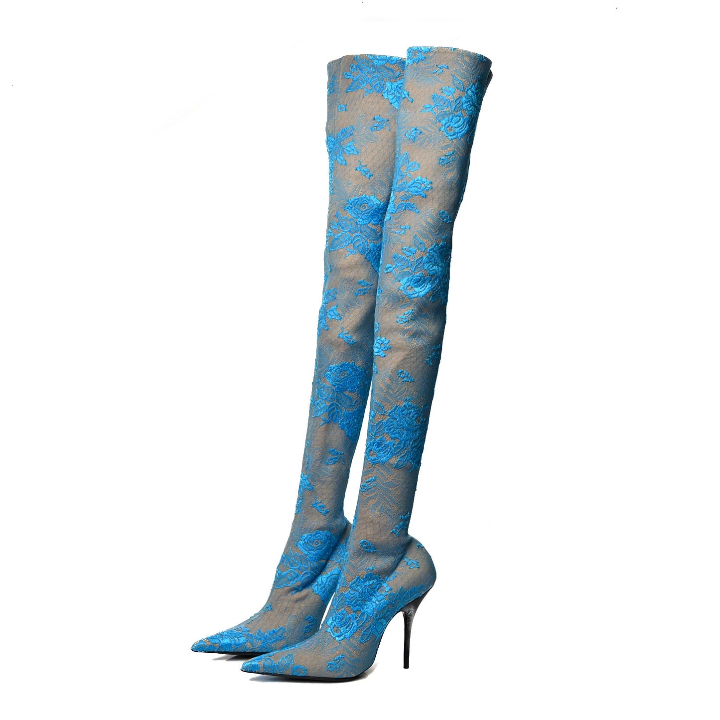 Lace Spandex Pointed Toe Knife Thigh High Boots 37 Blue Beige