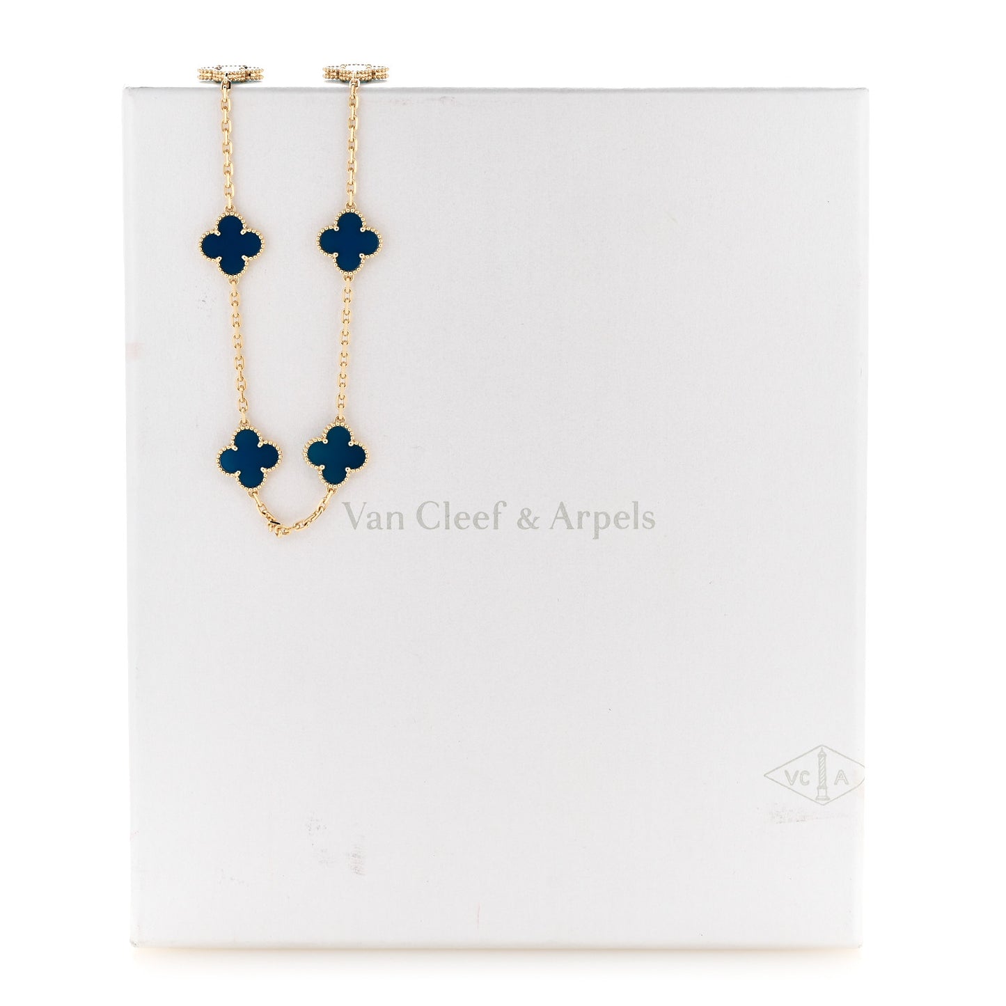 18K Yellow Gold Blue Agate 10 Motifs Vintage Alhambra Necklace