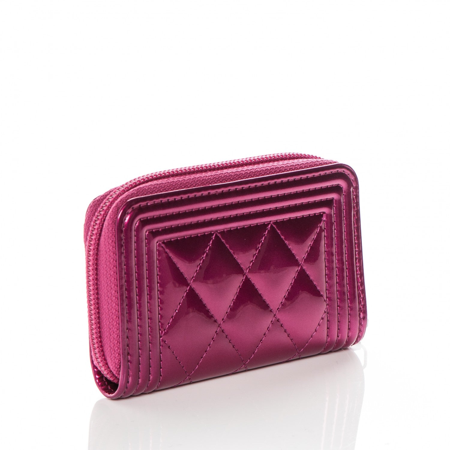 Chanel Metallic Patent Quilted Zip Around Boy Coin Purse Wallet Fuchsia 3 of 8
