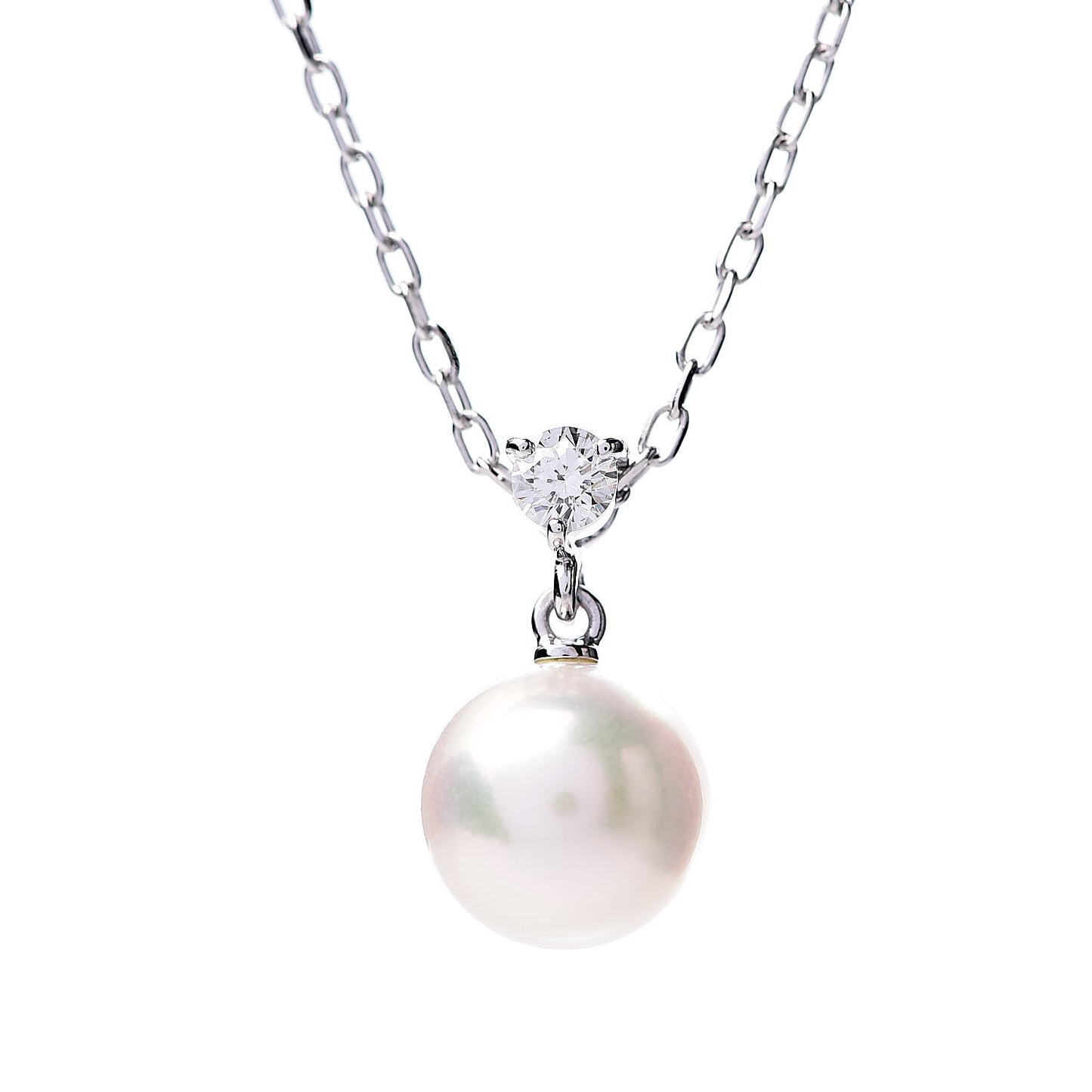 18K White Gold Diamond Akoya Pearl 8mm Pendant Necklace