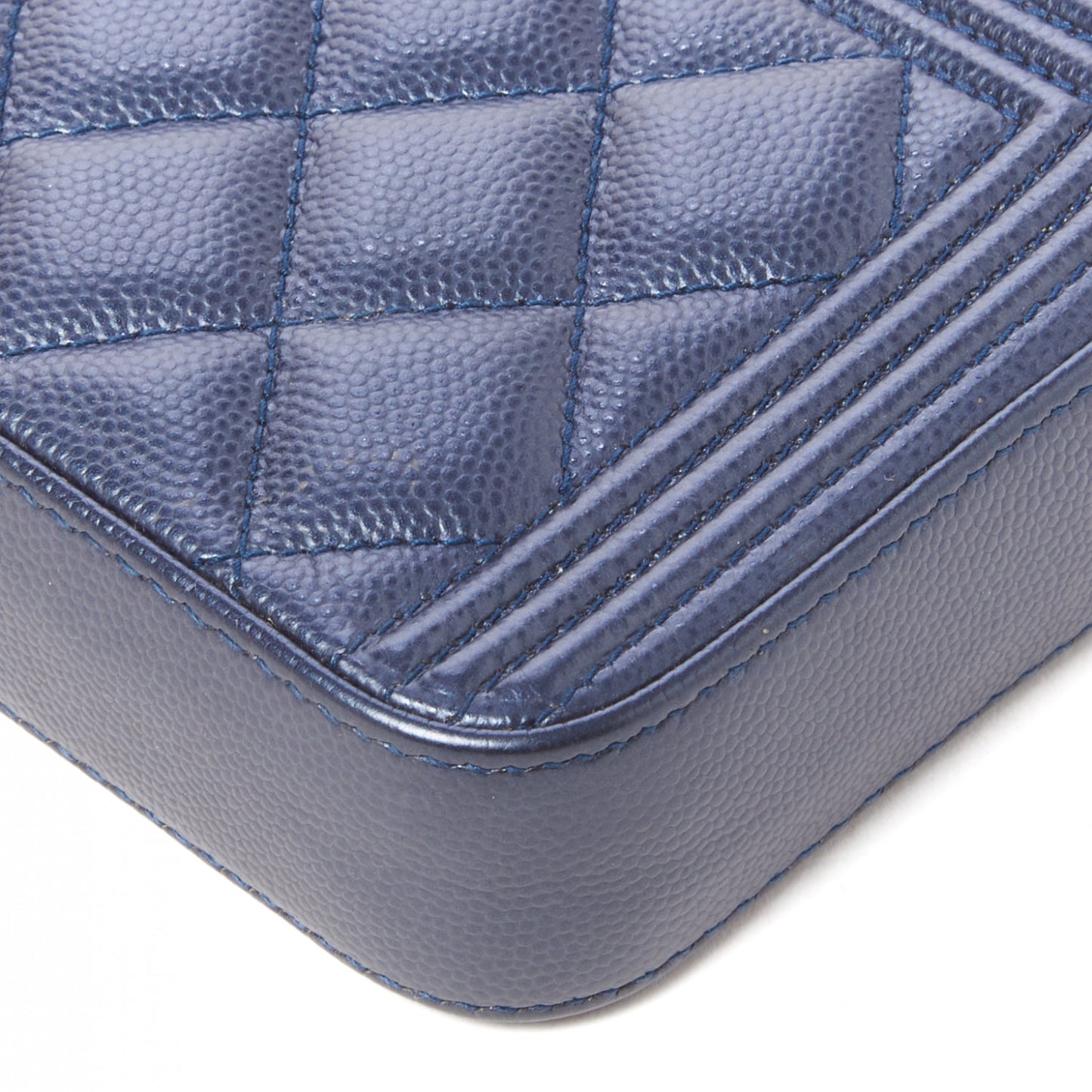 Metallic Caviar Quilted Small Boy Clutch With Chain Navy