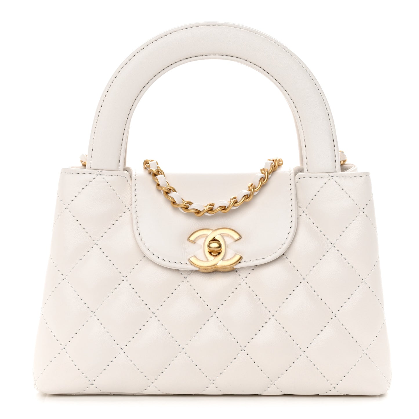 Shiny Aged Calfskin Quilted Nano Kelly Shopper White