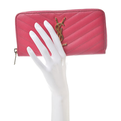 Saint Laurent Grain De Poudre Matelasse Chevron Monogram Zip Around Wallet Bubblegum 2 of 14