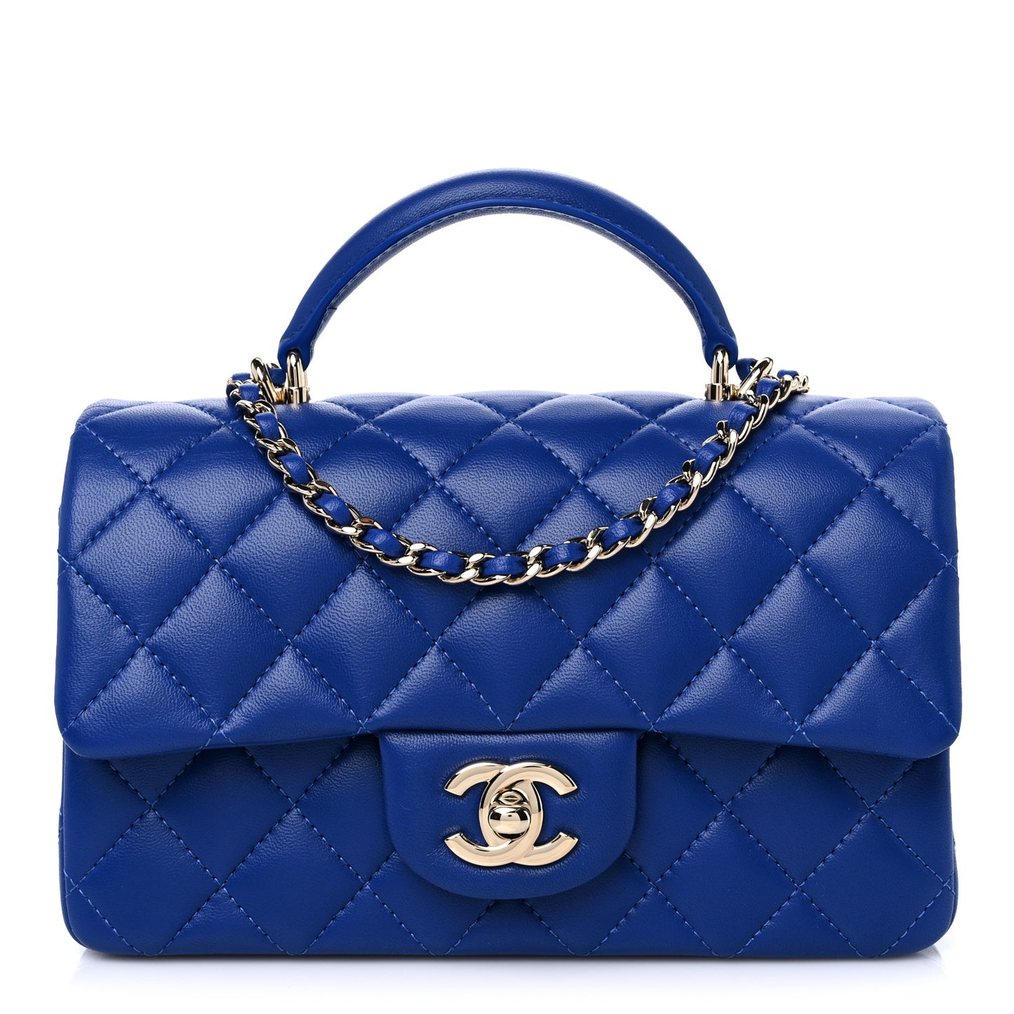 Lambskin Quilted Mini Top Handle Rectangular Flap Blue