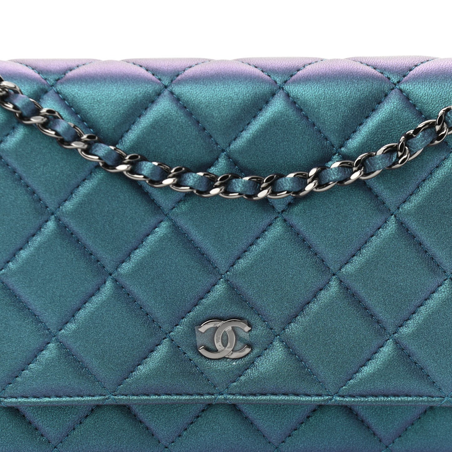 Metallic Lambskin Wallet On Chain WOC Turquoise