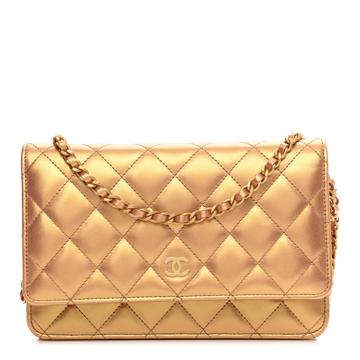 Chanel Metallic Lambskin Quilted Wallet On Chain WOC Golden 1 of 12