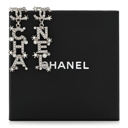 Chanel Crystal Cha-Nel Logo Drop Earrings Silver 5 of 5