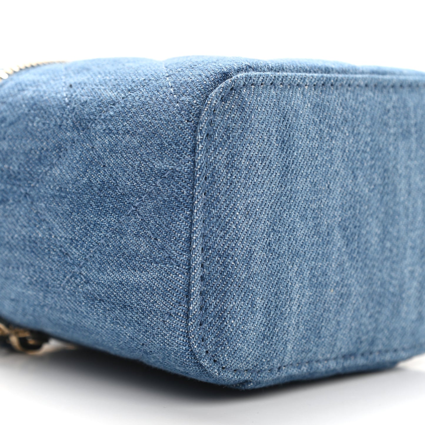 Denim Quilted Mini Pearl Crush Vanity Case With Chain