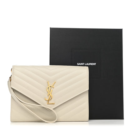 Saint Laurent Grain De Poudre Matelasse Chevron Monogram Envelope Clutch Crema Soft 8 of 8