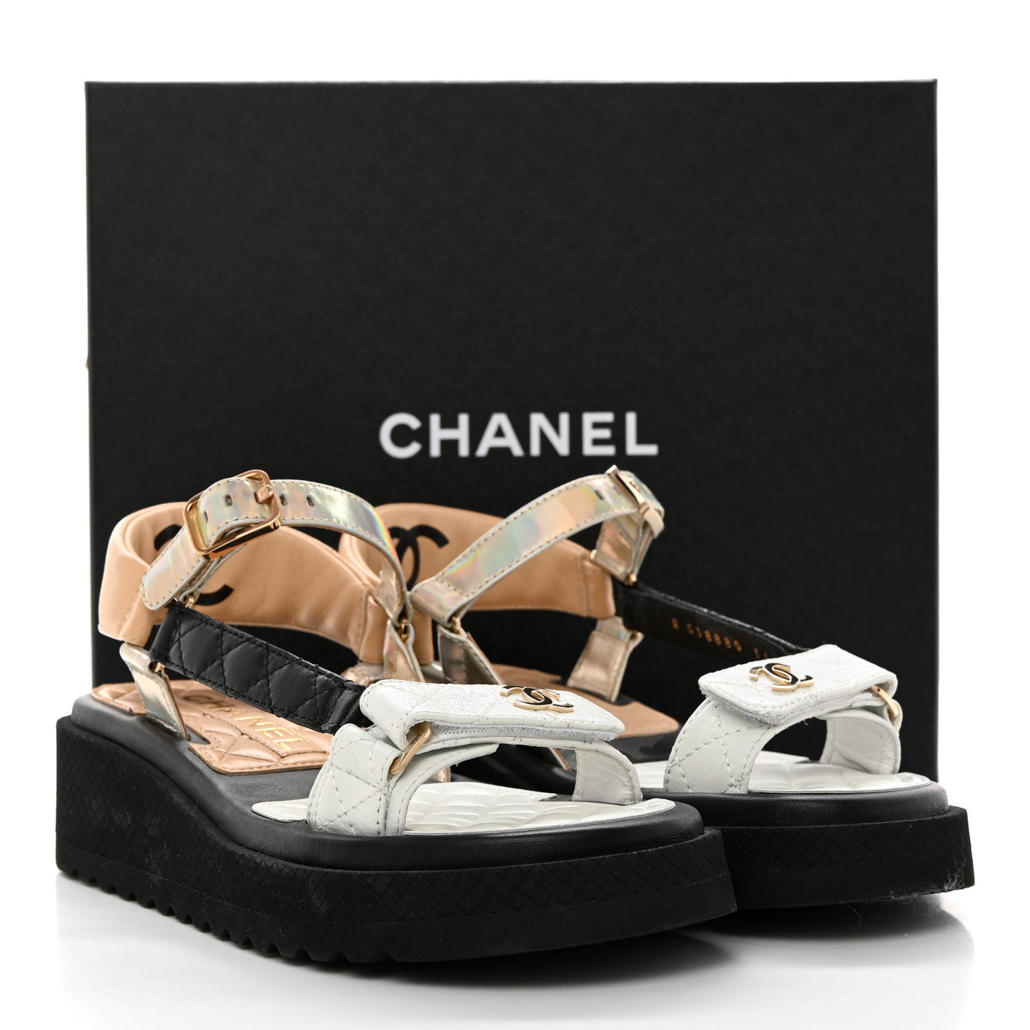 Chanel Lambskin Logo Platform Sandals 36 Beige Gold White 9 of 9