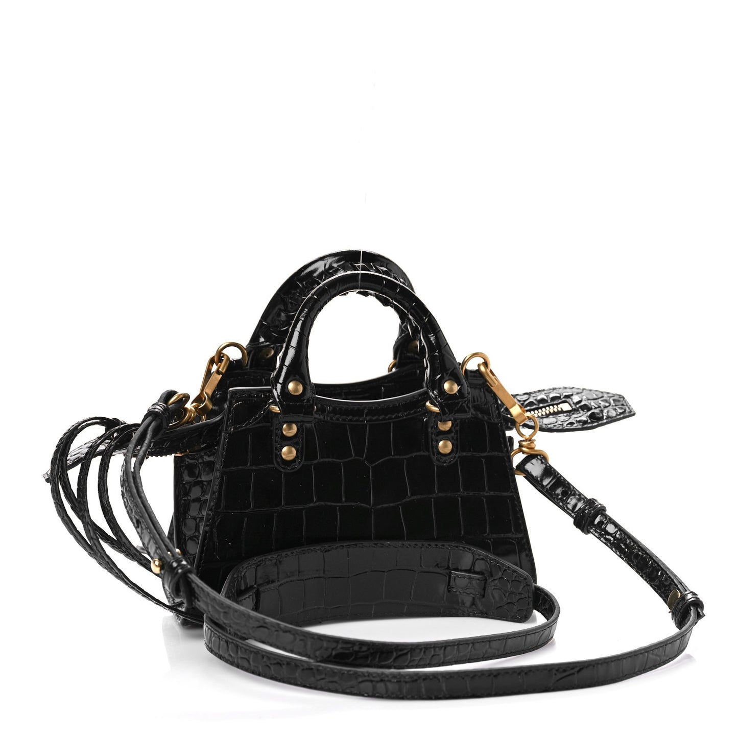 Shiny Supple Calfskin Crocodile Embossed Neo Classic Gold Hardware Nano City Crossbody Black