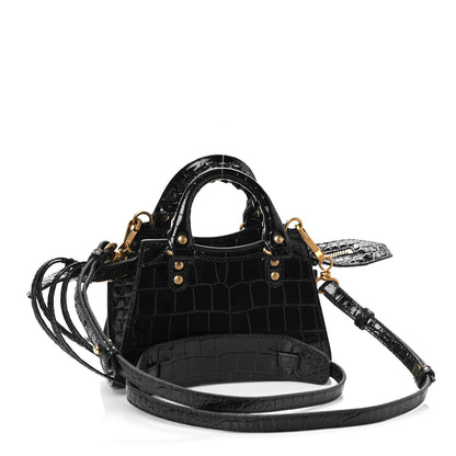 Balenciaga Shiny Supple Calfskin Crocodile Embossed Neo Classic Gold Hardware Nano City Crossbody Black 2 of 7