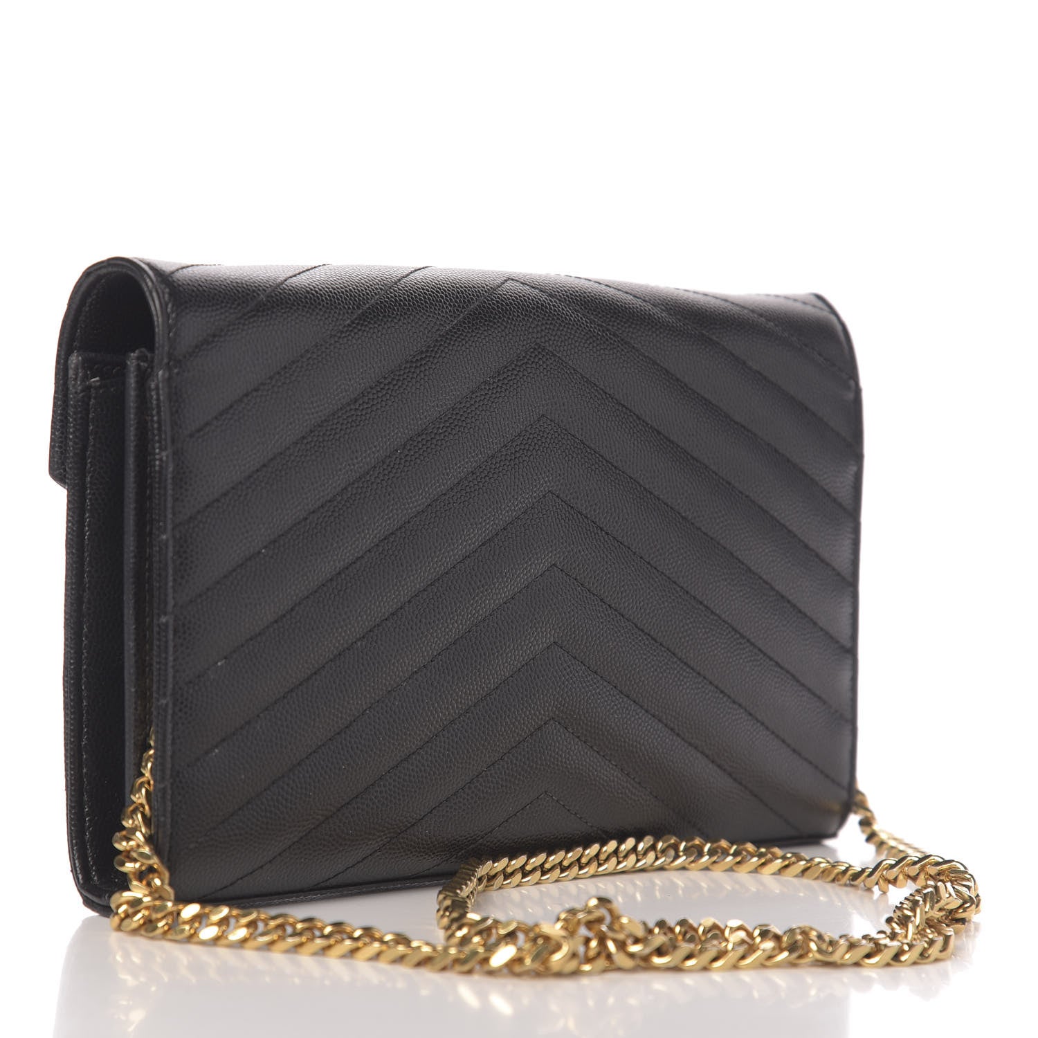 Saint Laurent Grain De Poudre Matelasse Chevron Monogram Chain Wallet Black 3 of 18