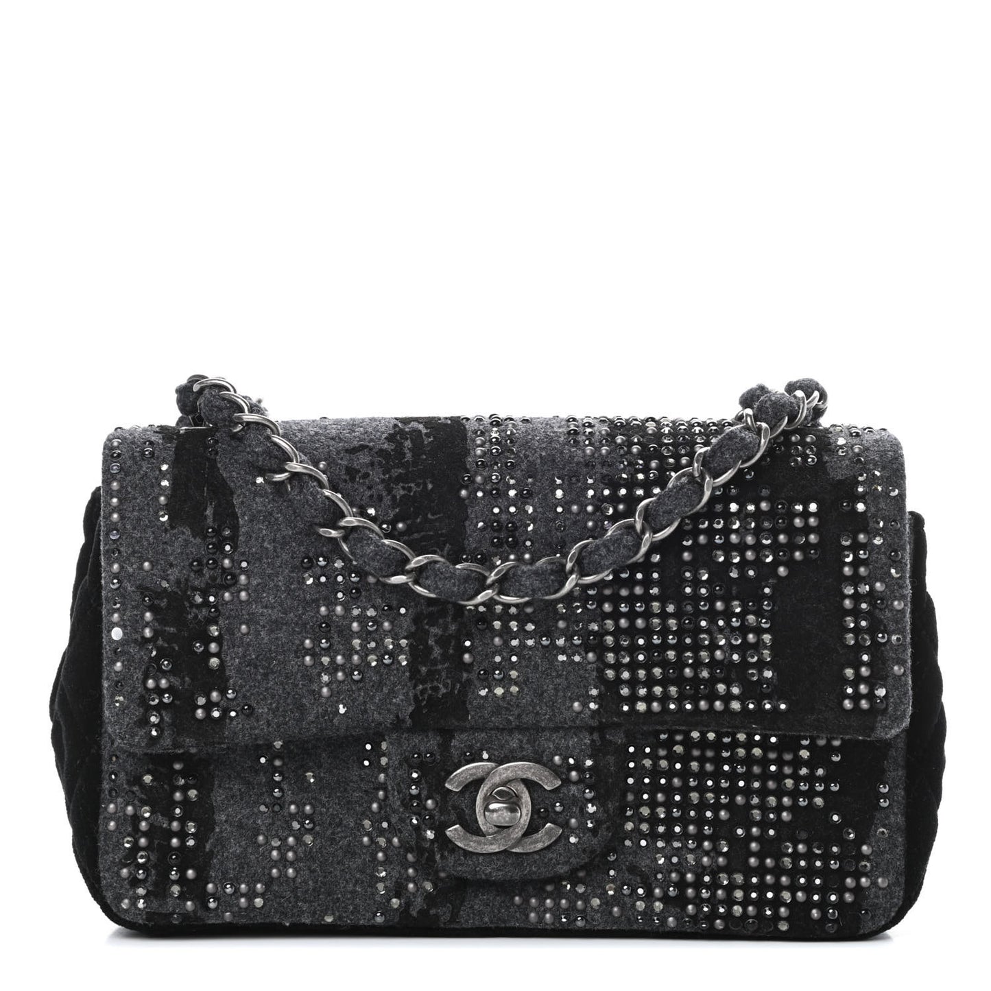 Wool Velvet Crystal Studded Mini Rectangular Flap Grey Black