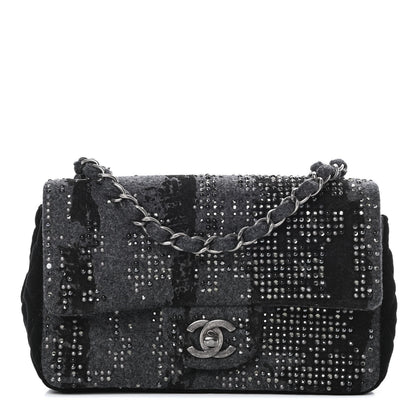 Chanel Wool Velvet Crystal Studded Mini Rectangular Flap Grey Black 1 of 12