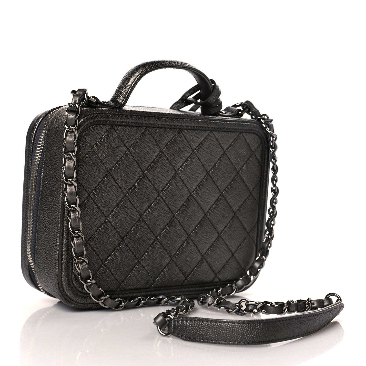 Chanel Metallic Caviar Quilted Medium CC Filigree Vanity Case Dark Silver 3 of 9