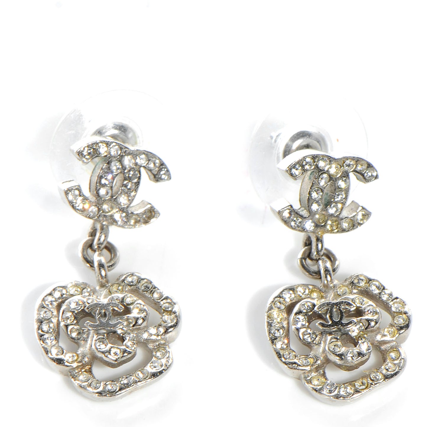 Crystal CC Camellia Drop Earrings Silver