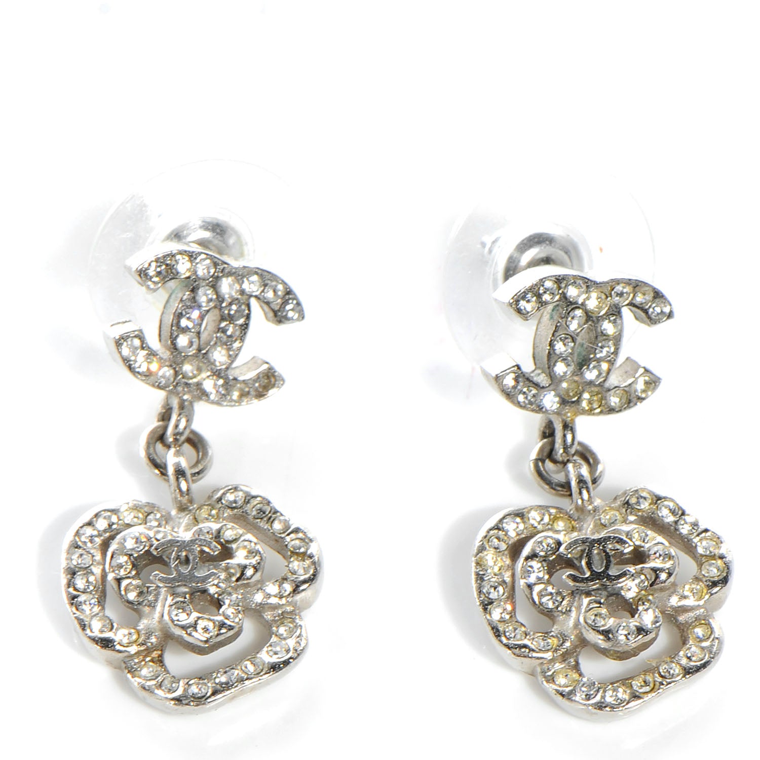 Chanel Crystal CC Camellia Drop Earrings Silver 1 of 4