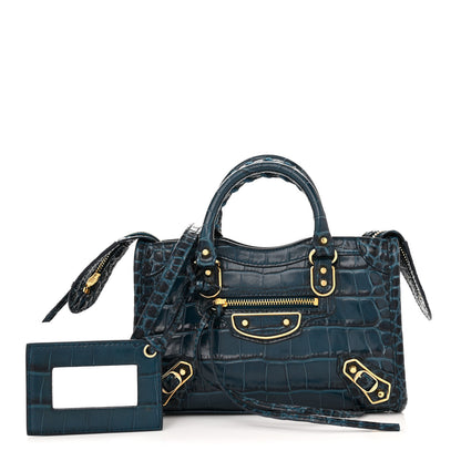 Balenciaga Shiny Supple Calfskin Crocodile Embossed Gold Metallic Edge Hardware Nano City Denim Blue 1 of 11