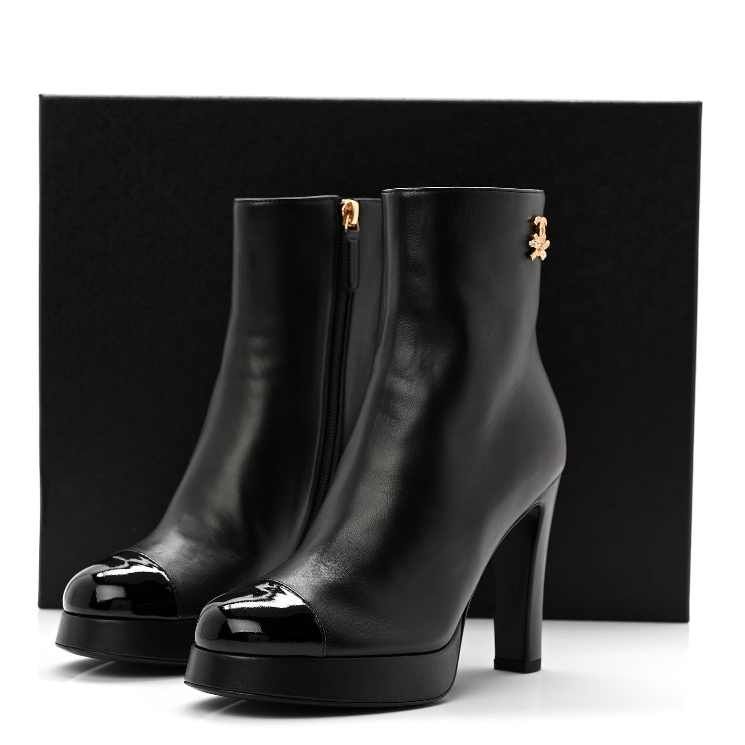 Chanel Lambskin Patent CC Crystal Bow Cap Toe Short Boots 37 Black