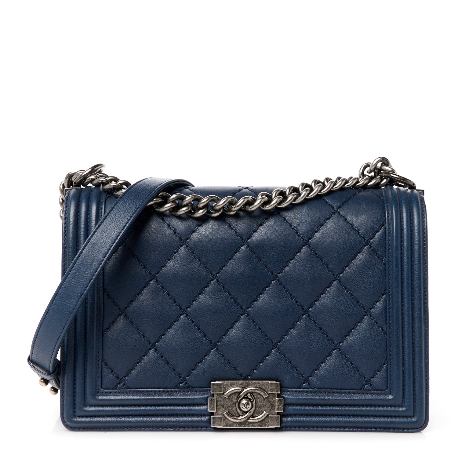 Chanel Calfskin Double Stitch New Medium Boy Flap Navy Blue 1 of 10