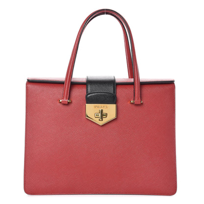 Prada Saffiano Tri-Color Turn Lock Satchel Fuoco White Black 1 of 8