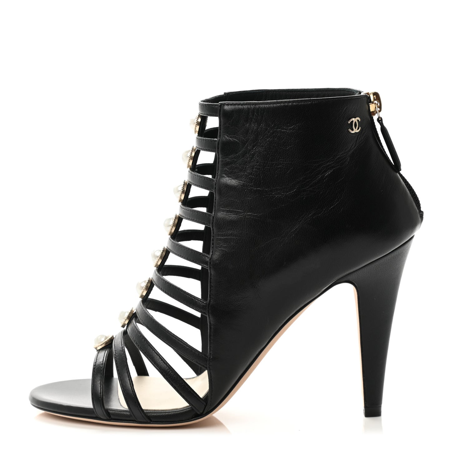 Lambskin Pearl Open Toe Caged Ankle Boots 39 Black