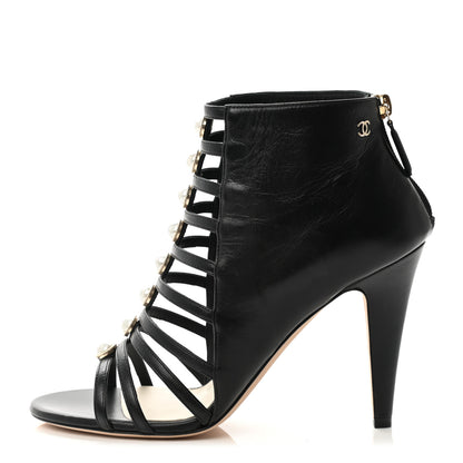 Chanel Lambskin Pearl Open Toe Caged Ankle Boots 39 Black 1 of 11