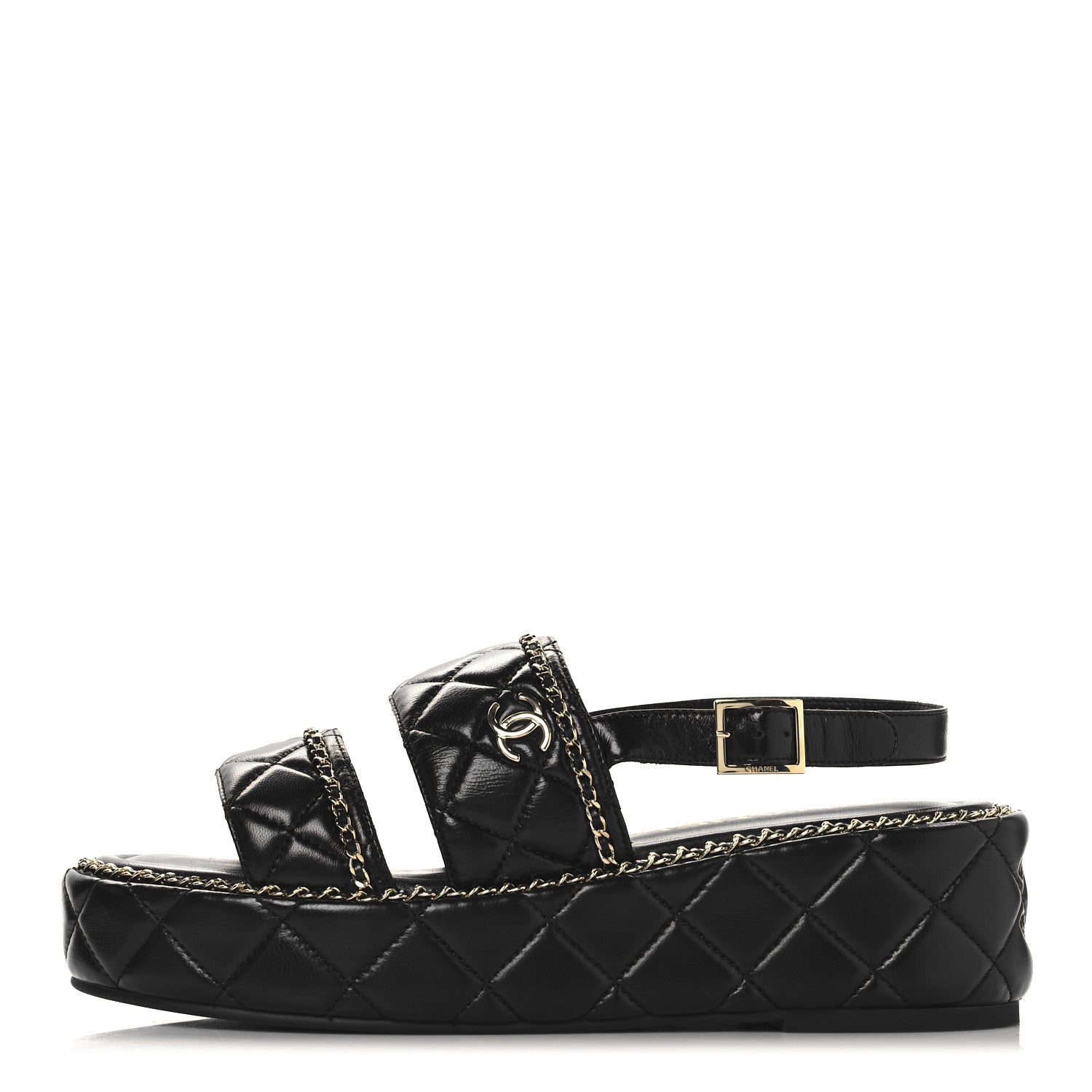 Chanel Shiny Lambskin Quilted Chain Around CC Platform Sandals 39 Black 1 of 10