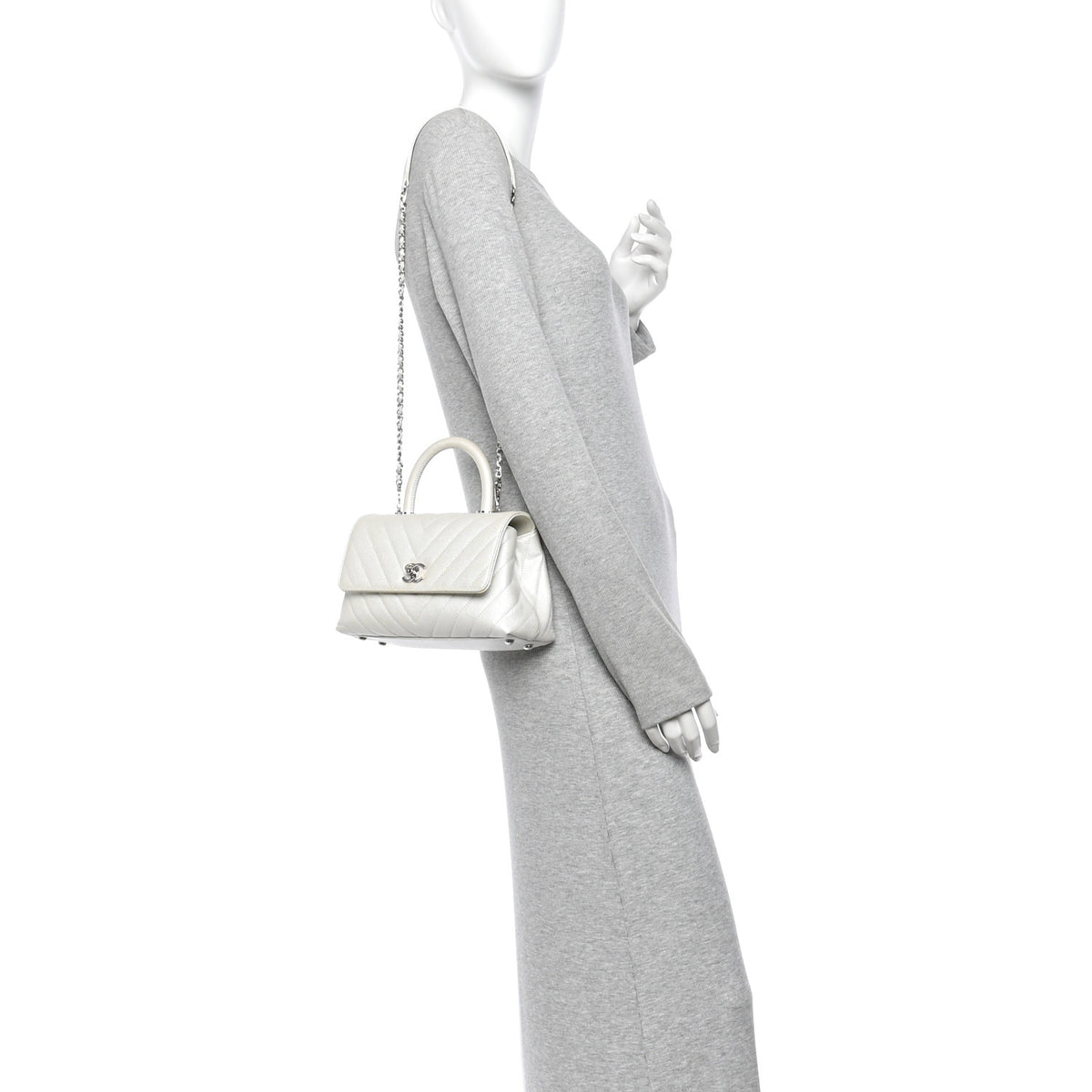 Iridescent Caviar Chevron Quilted Mini Coco Handle Flap White