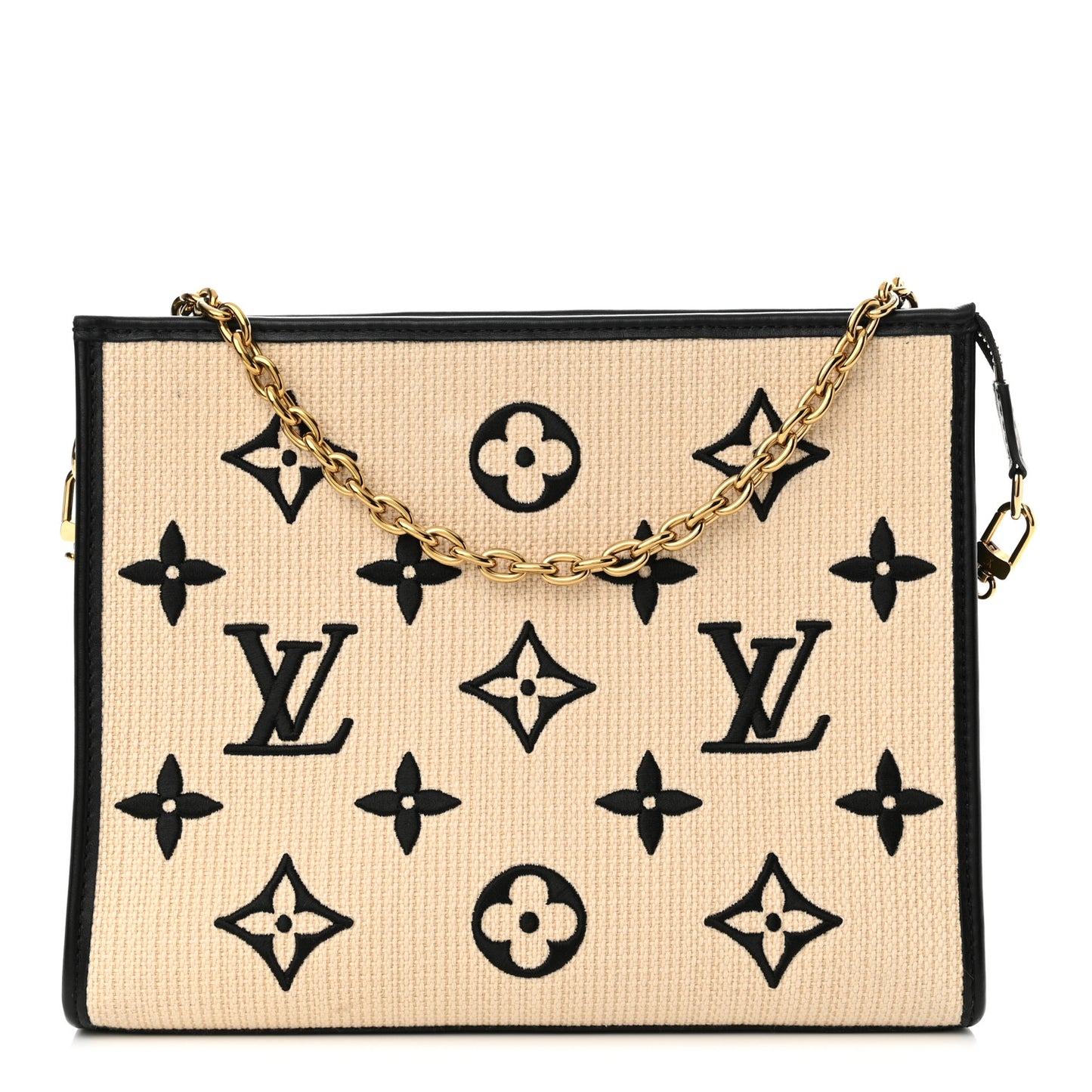 Raffia Calfskin Monogram Toiletry Pouch On Chain Beige Black