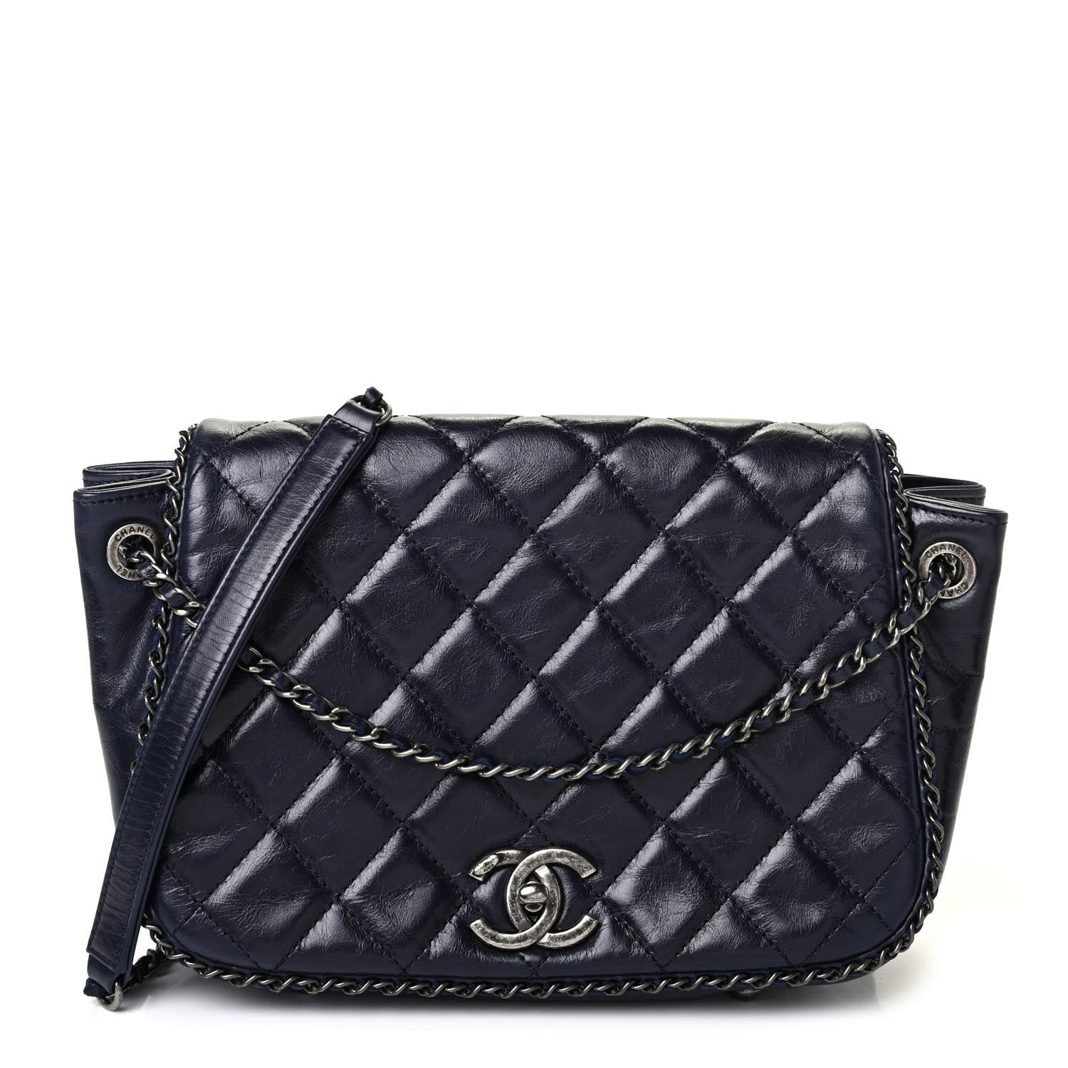 Chanel Glazed Calfskin Quilted Small CC Enchained Accordion Flap Dark Navy Blue 1 of 4